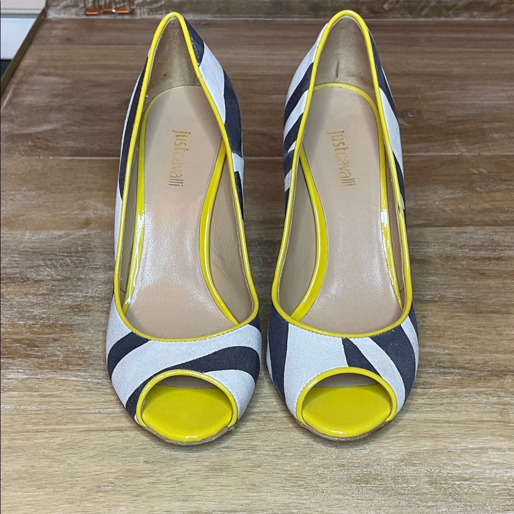 Just Cavalli Yellow and Black Peep Toe Heels